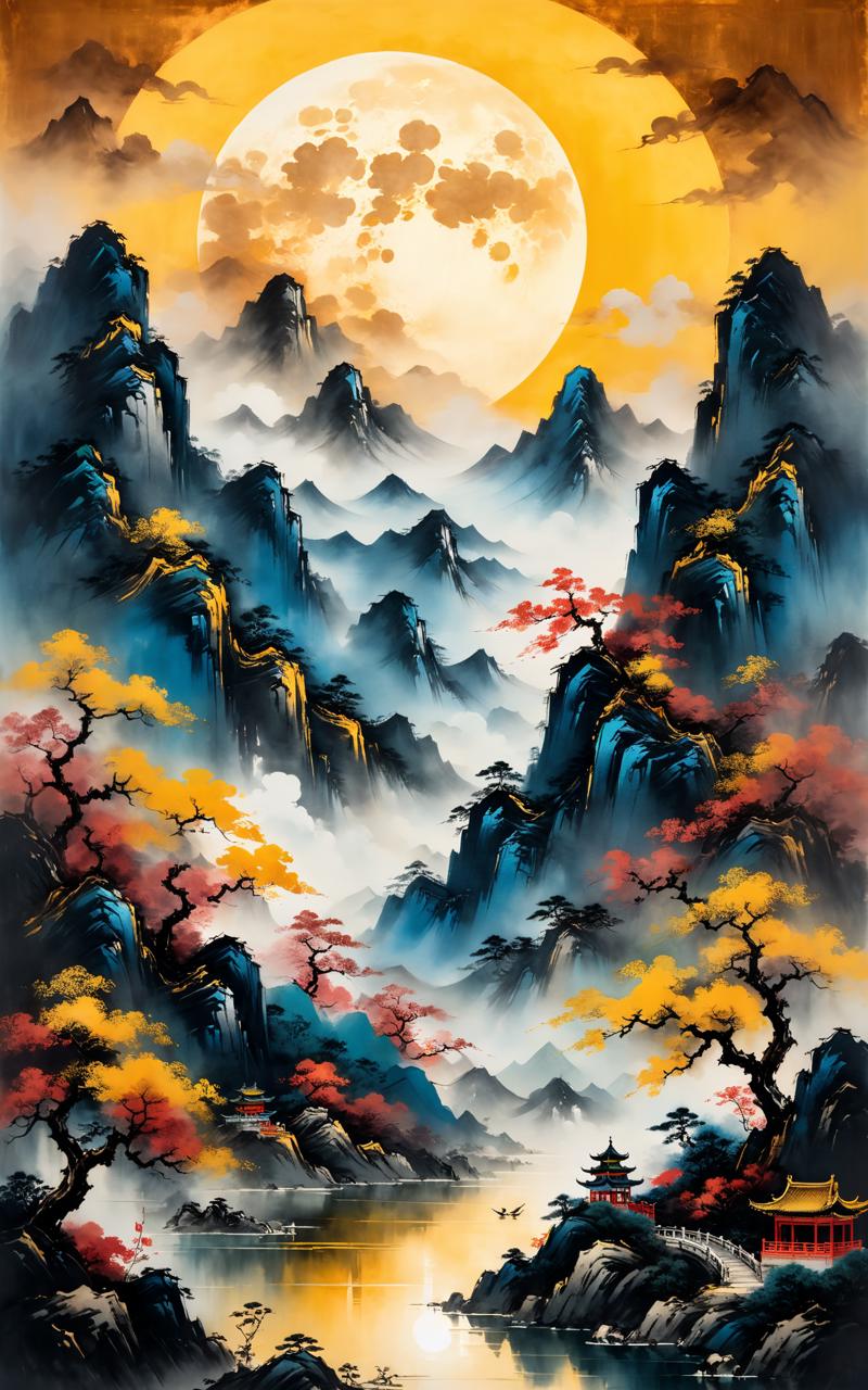 05565-1434061855-A Chinese style painting of a mountain with a moon in the sky, intricate and ornate Chinese ink style, impasto style, beautiful.png